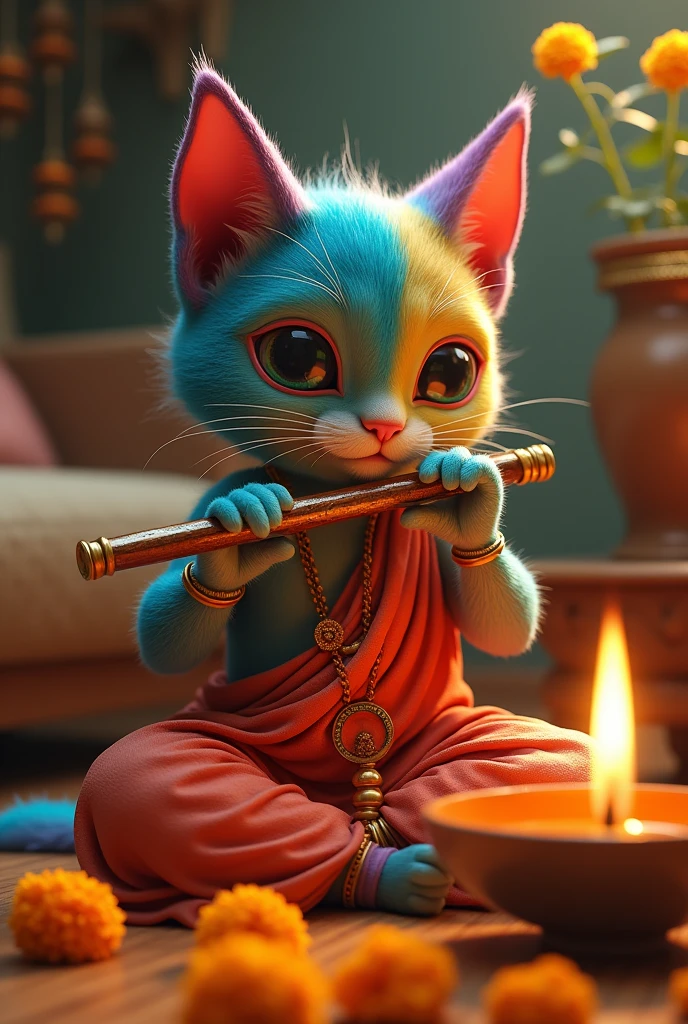 Prompt 3**: The male handsome rainbow coloured human face  cat playing a flute in a cozy living room. He is dressed in traditional puja attire with a dhoti and kurta. Around him are marigold flowers and oil lamps, creating a serene and divine atmosphere.
