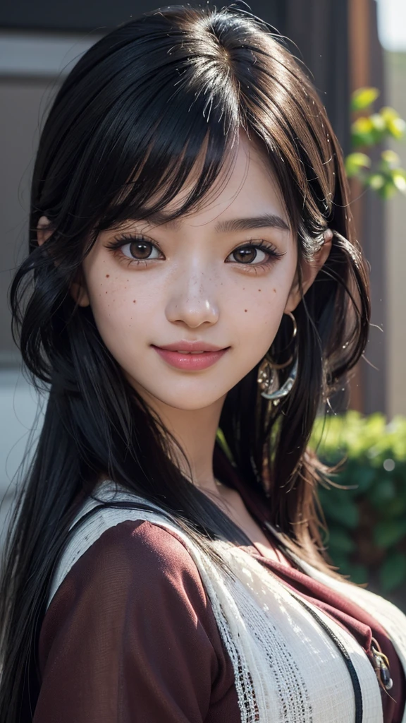 masterpiece, Highest quality, {Highest quality}, {{masterpiece}}, {High resolution}, concentrated, Anime Style, Woman cartoon closeup, Design of, Portraiture, Gisha, Anime Images, Long Hair, Black Hair, Straight eyes, Hair covering the ears, Happy, Sophisticated and powerful appearance, exotic, expensive, freckles, smile, Chic outfit
