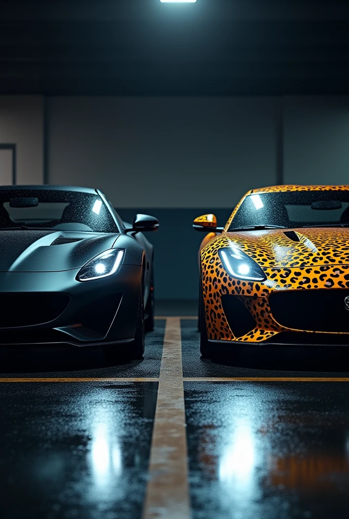 A highly realistic image of two cars viewed from the front, parked side by side in a dimly lit parking lot at night. Both cars have their headlights on, illuminating the area in front of them. The first car on the left is a sleek, matte black vehicle with an aggressive, modern design. The second car on the right has a striking leopard print exterior, bold and eye-catching. The parking lot has typical features like marked parking spaces, and there are faint reflections on the wet asphalt from the cars' lights