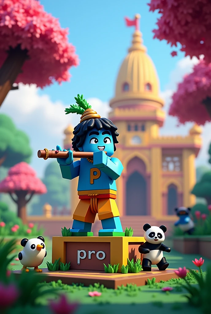 make a Minecraft
cut skin blue shart add number ''P'' Instead, add background letter ''krishna janmashtami'' it features a colorful and whimsical scene with a character add ''p'' playing a flute, standing on P pedestal with the number "Pro" on it. The background includes a palace-like structure, lush greenery, blooming pink trees, and various animals like birds and a panda, all styled in a blocky, LEGO-like manner. make