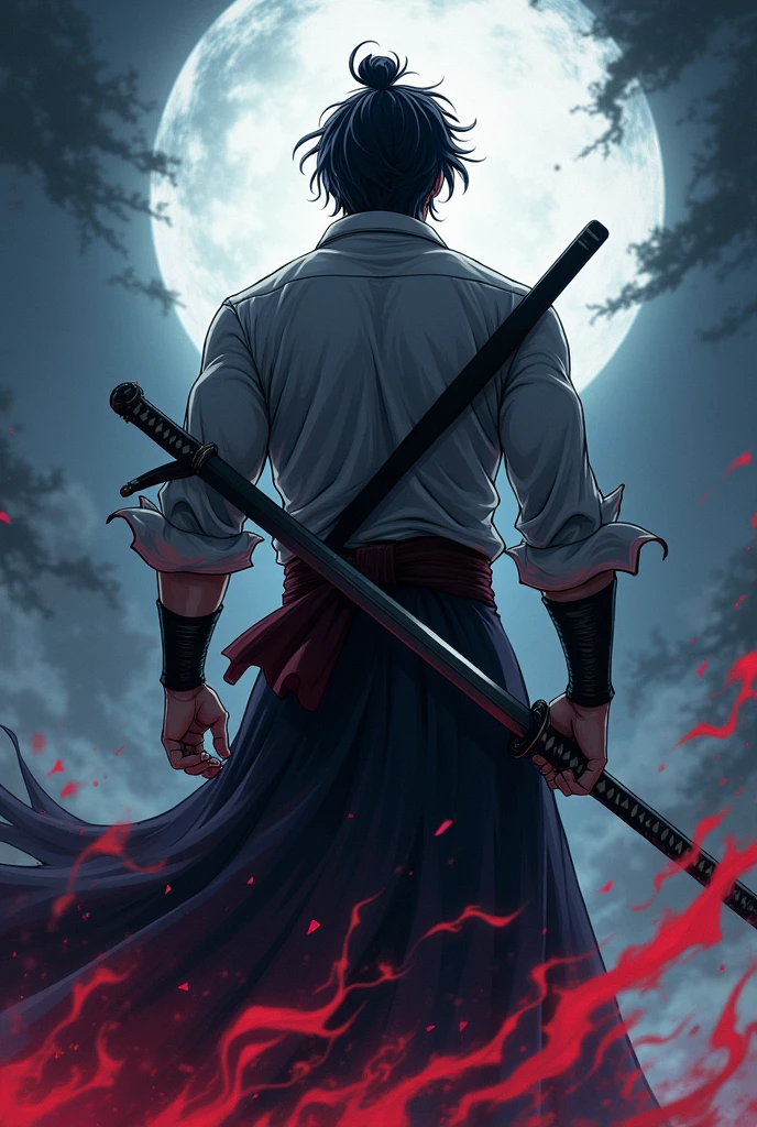 A man back side holding katana shadow powers anime