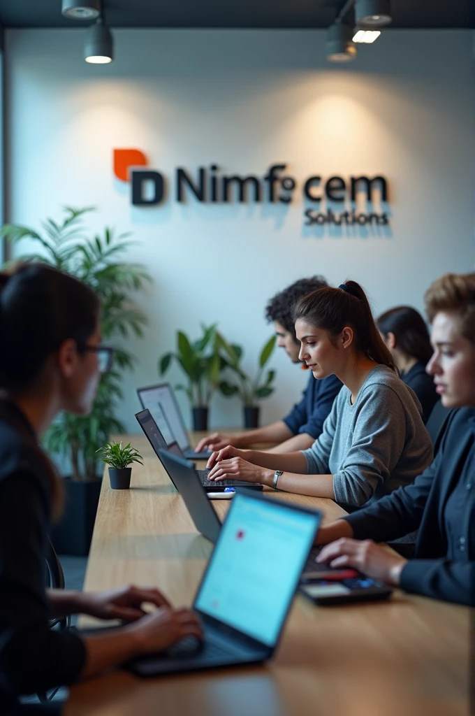 a wall containing name infoem solutions, students working on laptop