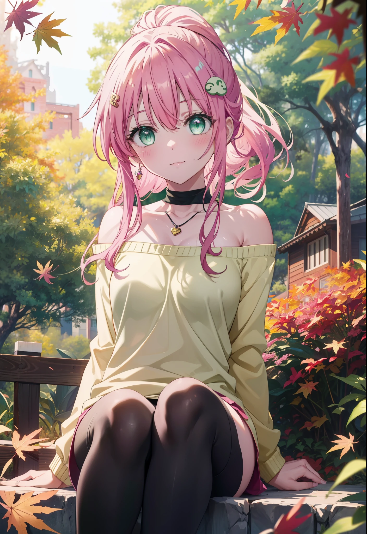 Laladevi Luke, Lara Deviluke, Long Hair, Pink Hair, tail, Ahoge, bangs, hair ornaments, (Green Eyes:1.5), smile,Open your mouth,ponytail,Open your mouth,blush,
break demon tail, Bare neck,bare clavicle,Bare shoulders,Heart Necklace,Off-the-shoulder sweater,mini skirt,black tights, short boots,autumn leaves,autumn leavesが散っている,autumn leavesが積もっている,Daytime,Clear skies,whole bodyがイラストに入るように,
break outdoors, forest,
break looking at viewer, whole body,
break (masterpiece:1.2), Highest quality, High resolution, unity 8k wallpaper, (figure:0.8), (beautiful detailed eyes:1.6), extremely detailed face, Perfect lighting, extremely detailed CG, (Perfect hands, Perfect Anatomy),