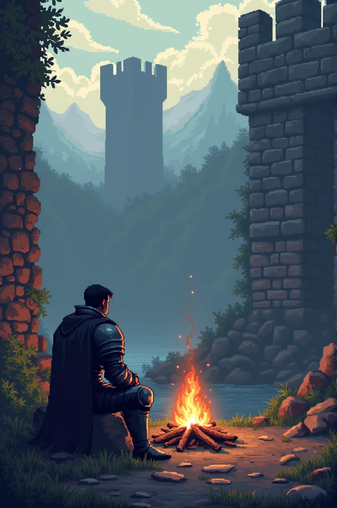 Very early in the morning near a ruined castle a knight in dark medium-heavy armor sits by a fire in pixel art