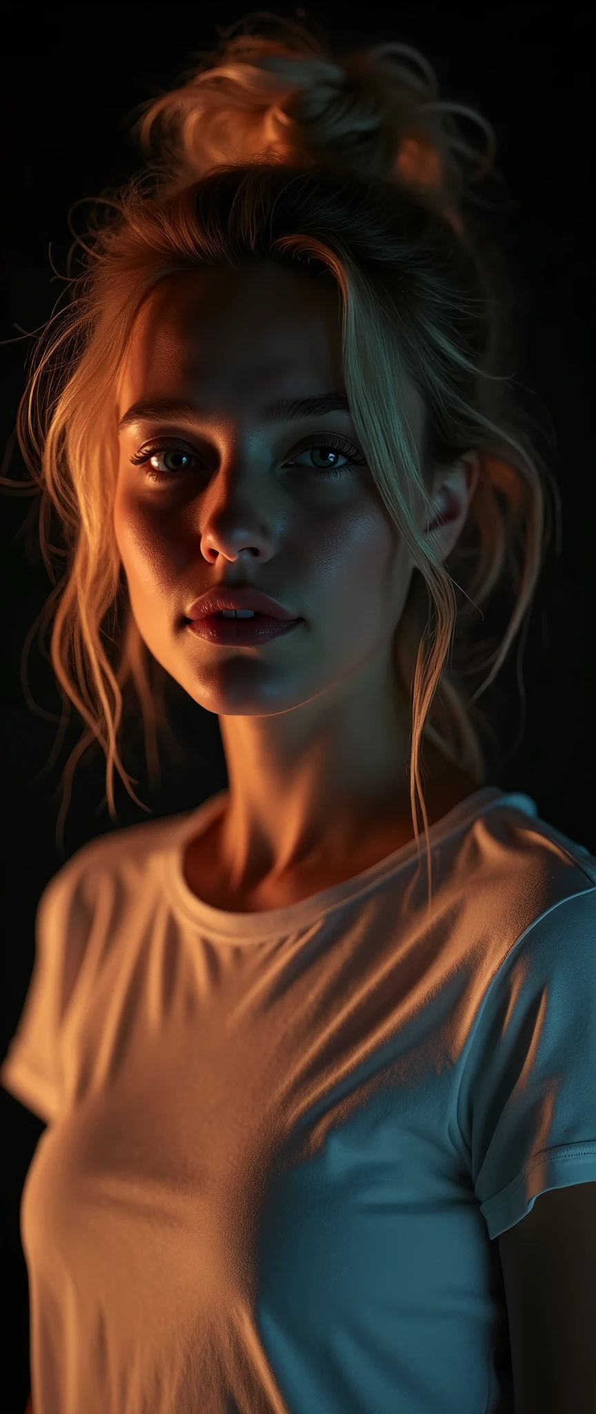 analog photo,silhouette,spotlight,close up portrait,
a beautiful cute young Swiss woman,1,highly detailed face,blonde,messy bun,
seducing facial expression,wearing t-shirt,dark background,warm colors,
RAW candid cinema,16mm,color graded portra 400 film,remarkable color,ultra realistic,