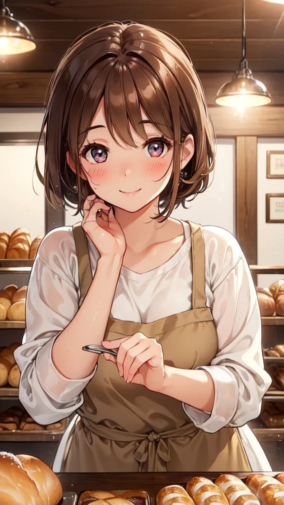 (High quality, High resolution, Fine details), a bakery staff working in a cozy bakeshop, freshly baked bread, warm lighting, vintage decor, natural wood accents, solo, curvy adult women, light brown hair, sparkling eyes, (Detailed eyes:1.2), smile, blush, Sweat, Oily skin, natural lighting, Soft tones, shallow depth of field