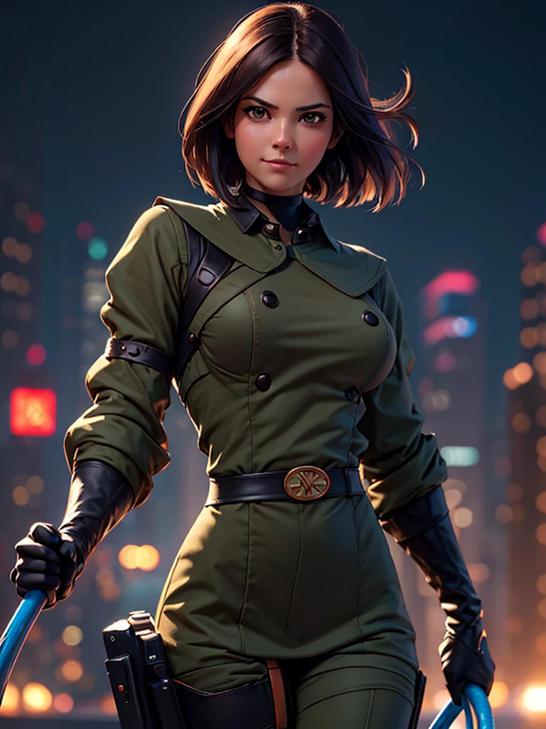 (at night), in a video game scene in the background of a beautiful city at night, raining, alone, standing looking straight ahead, a green woman's military suit, black gloves, semi-short hair, ((hair semi short)), 1 girl, 30 years old, young woman, perfect hands, Beautiful fingers, Beautiful long legs, Beautiful body, Beautiful nose, Beautiful character design, perfect face, looking straight at the viewer with a serious and annoyed gesture, brings grabbed a whip in his black hand (focusing on his face), closed mouth, light_smile, official art, extremely detailed CG unity 8k wallpaper, perfect lighting, bright and colorful front lighting, glowing skin (masterpiece: 1.0) , (Best_quality: 1.0), ultra High resolution, 4k, ultra detailed photography, 8K, hdr, High resolution, Nonsense:1.2, Kodak portrait 400, film grain, Background blur, bokeh:1.2, Lens flare, (vibrant_color :1.2), professional photography, (Beautiful, breasts: 1.4), (Beautiful_face: 1.5), (narrow waist),
