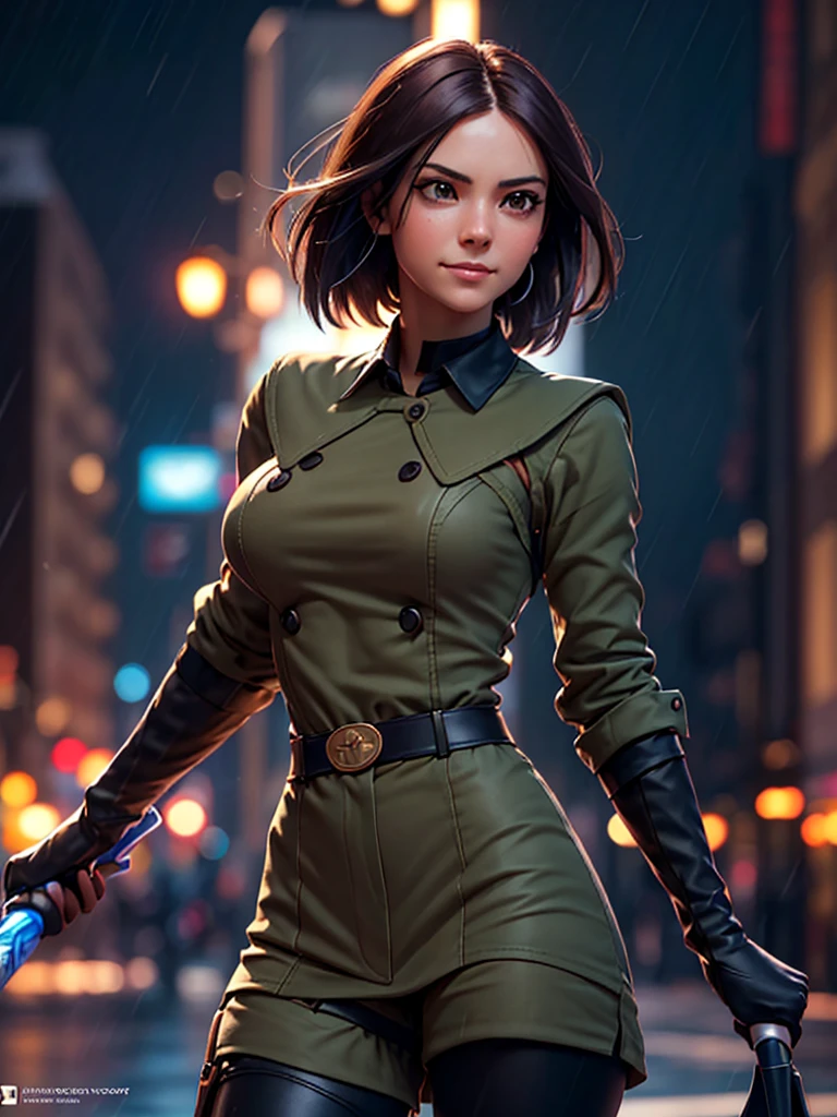 (at night), in a video game scene in the background of a beautiful city at night, raining, alone, standing looking straight ahead, a green woman's military suit, black gloves, semi-short hair, ((hair semi short)), 1 girl, 30 years old, young woman, perfect hands, Beautiful fingers, Beautiful long legs, Beautiful body, Beautiful nose, Beautiful character design, perfect face, looking straight at the viewer with a serious and annoyed gesture, brings grabbed a whip in his black hand (focusing on his face), closed mouth, light_smile, official art, extremely detailed CG unity 8k wallpaper, perfect lighting, bright and colorful front lighting, glowing skin (masterpiece: 1.0) , (Best_quality: 1.0), ultra High resolution, 4k, ultra detailed photography, 8K, hdr, High resolution, Nonsense:1.2, Kodak portrait 400, film grain, Background blur, bokeh:1.2, Lens flare, (vibrant_color :1.2), professional photography, (Beautiful, breasts: 1.4), (Beautiful_face: 1.5), (narrow waist),
