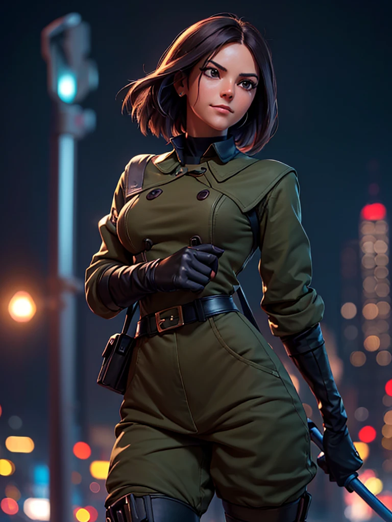 (at night), in a video game scene in the background of a beautiful city at night, raining, alone, standing looking straight ahead, a green woman's military suit, black gloves, semi-short hair, ((hair semi short)), 1 girl, 30 years old, young woman, perfect hands, Beautiful fingers, Beautiful long legs, Beautiful body, Beautiful nose, Beautiful character design, perfect face, looking straight at the viewer with a serious and annoyed gesture, brings grabbed a whip in his black hand (focusing on his face), closed mouth, light_smile, official art, extremely detailed CG unity 8k wallpaper, perfect lighting, bright and colorful front lighting, glowing skin (masterpiece: 1.0) , (Best_quality: 1.0), ultra High resolution, 4k, ultra detailed photography, 8K, hdr, High resolution, Nonsense:1.2, Kodak portrait 400, film grain, Background blur, bokeh:1.2, Lens flare, (vibrant_color :1.2), professional photography, (Beautiful, breasts: 1.4), (Beautiful_face: 1.5), (narrow waist),

