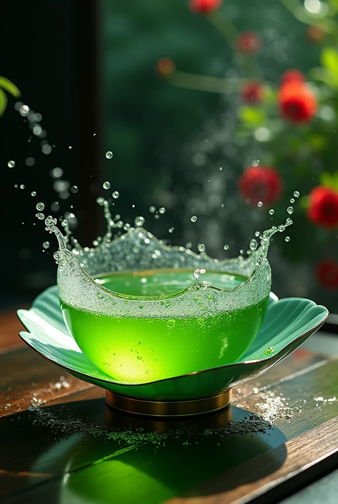 Product Design,(Green tea seen from above:1.5),Drinks from the sky,Water surface close up,Transparent drops,Clear green tea,Silver edge bowl,Transparency、Sense of luxury,A spectacular water splash,Black background,Surrounded by leaves and red flowers,Leaves flutter,The water surface splashes violently,steampunk、Light green、It's in a silver bowl,A bowl-like vessel resembling a leaf floating in the air、Tea Ceremony、Japanese Tableware