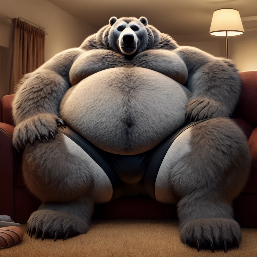 Fat Huge 450 Pounds Daddy Furry Grey Beast Grizzly Bear Big Belly, and Large Chunky body and wearing Black Shorts, sitting on the Sofa, His Belly is Bigger, Huge, Fat, Chunky, Furry, Big, and Huge