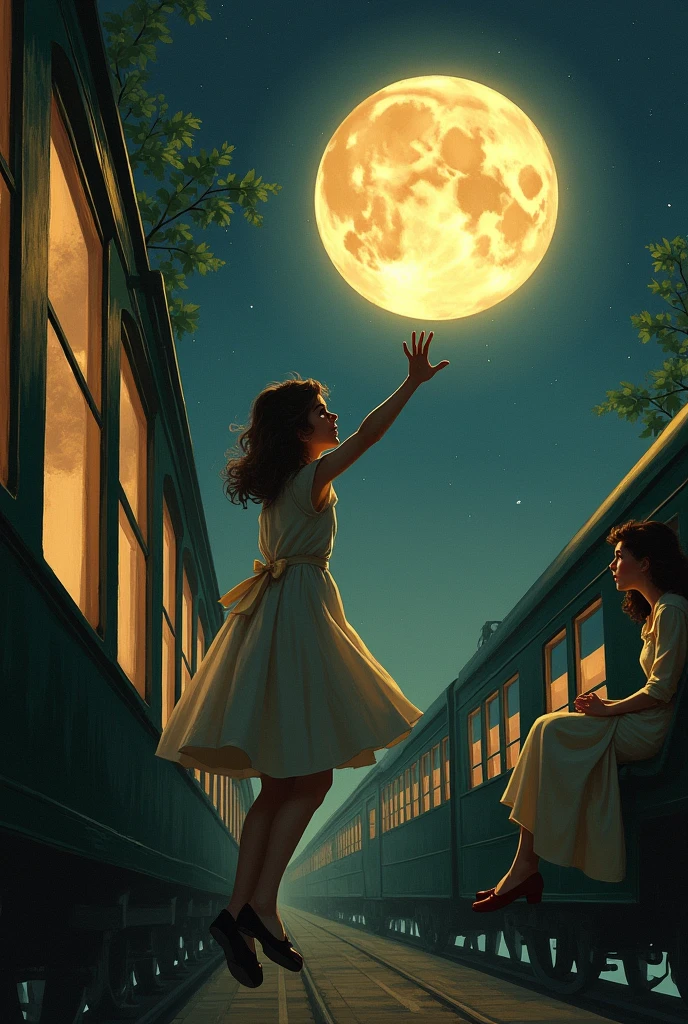 I want to draw a girl on a train with her mother. The girl thinks that the moon is going to give her a hug and she hits the glass. The mother is scared of the moon. The girl is happy. She is between sitting and standing with her arms up as if she wanted to reach the moon. She is wearing a dress and a bow., The mother is scared when she looks at the moon because the moon causes her a certain fear. She is sitting in a corner near the door and is wearing a dress., The train is an old train, the window is large, the atmosphere of the train would be from the 1930s, the moon is a moon when the full moon forms, it is close to the train, it is covered by some small trees