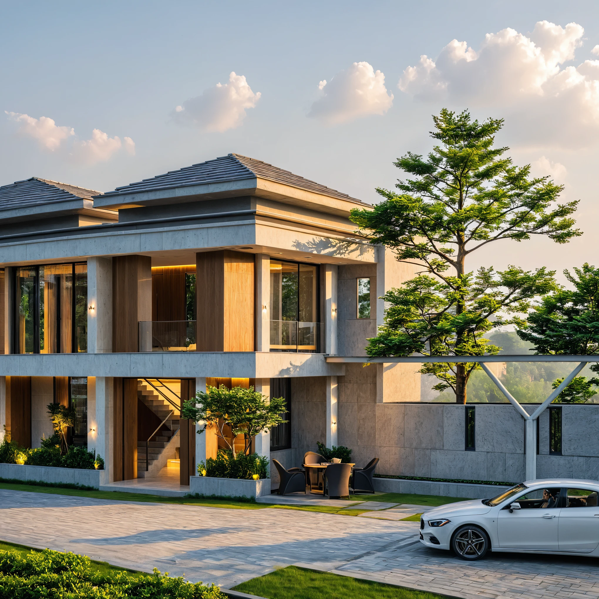 rendering of a modern house with a car parked in front, concept house, exterior design, realistic render, professional render, architectural render, architectural visualization, realistic architecture, lumion render, residential design, architectural 3 d render, very realistic 3 d render, arhitectural shot, very realistic render, realistic rendering, overall architectural design, inter dimensional villa