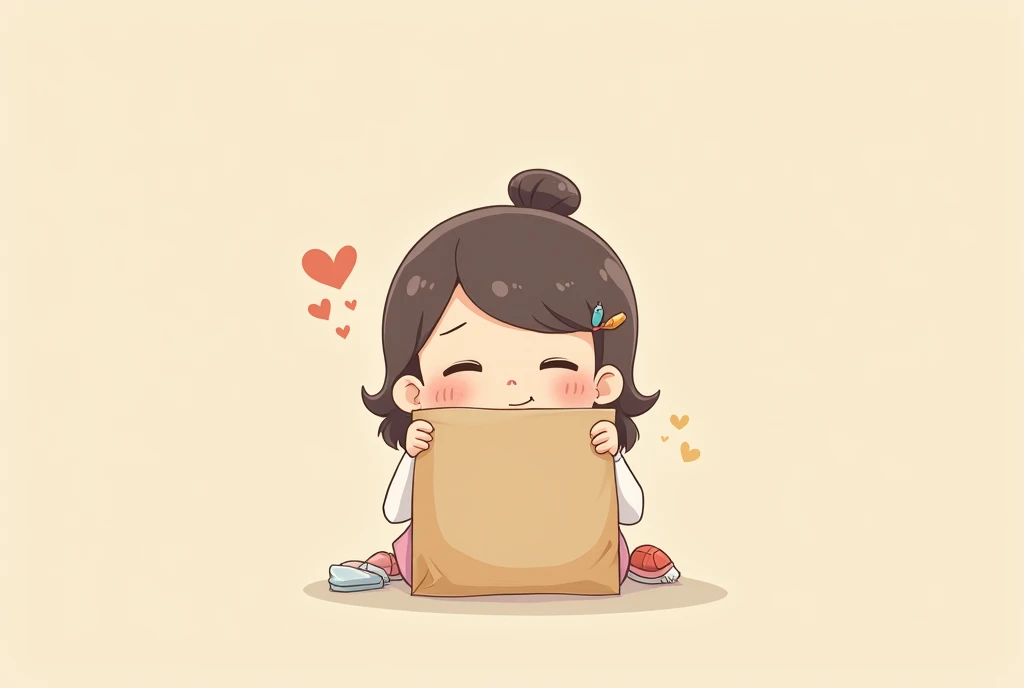 Cartoon image of a using a paper bag to cover her head, cartoon, cute cartoon, cute cartoon style, motherly love, cute illustration, clean anime art, simple background