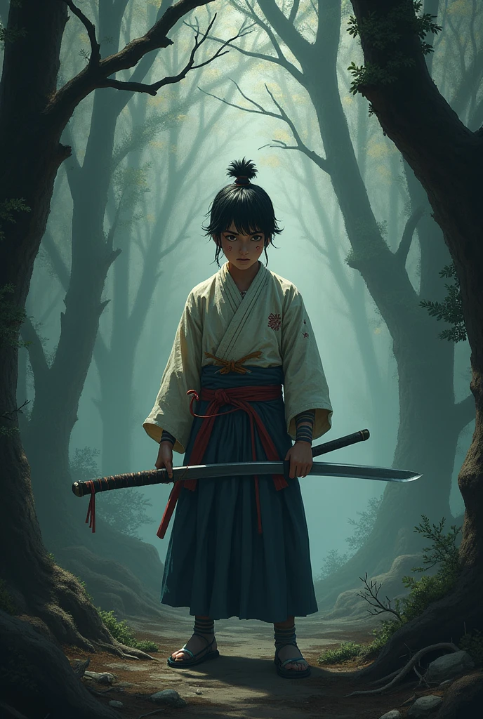 Create a boy traditional Japanese character 
With a shord in his left hand with the scares of blade in her body with the background of a dark forest 