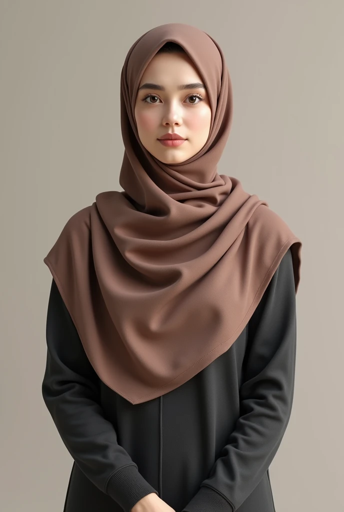 Portrait of 30 years old muslim woman wearing a hijab, proper face, standing streight, frontal view, looking at camera, no facial expression, no make-up, photorealism:1.2, high detail, high resolution, 4K, UHD