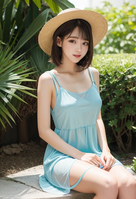 See-through summer dress、No underwear、Woman sitting with  open、Nipples and  are visible through the fabric