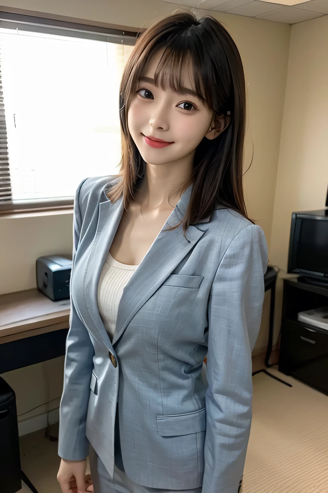 Tabletop, masterpiece, top quality, high resolution, HDR, 8k, very beautiful Japanese girl in a suit in the office, casual suit appearance, black hair, bangs, big breasts, concentrated face, smile, happy, random pose, perfect Na