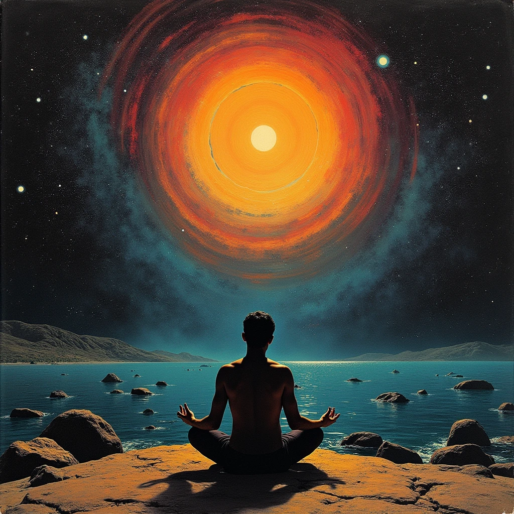 Power mind. Meditação. Cover jazz art. Surrealista. Old. Retro. Anos 70. Anos 80. Cover albuns like Weather report, return to forever, quadro pintado jazz fusion. Man. Space. Vintage aspect