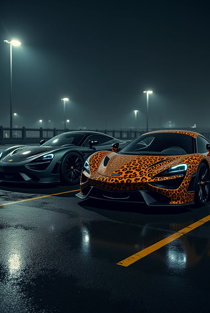 A highly realistic image of two supercars viewed from the front, parked side by side in a dimly lit parking lot at night. Both cars have their headlights on, illuminating the area in front of them. The first car on the left is a sleek, matte black vehicle with an aggressive, modern design. The second car on the right has a striking leopard print exterior, bold and eye-catching. The parking lot has typical features like marked parking spaces, and there are faint reflections on the wet asphalt from the cars' lights