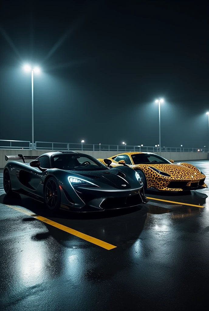 A highly realistic image of two supercars viewed from the front, parked side by side in a dimly lit parking lot at night. Both cars have their headlights on, illuminating the area in front of them. The first car on the left is a sleek, matte black vehicle with an aggressive, modern design. The second car on the right has a striking leopard print exterior, bold and eye-catching. The parking lot has typical features like marked parking spaces, and there are faint reflections on the wet asphalt from the cars' lights