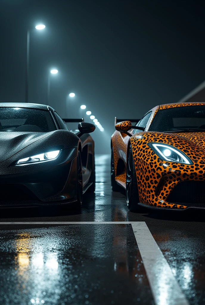 A highly realistic image of two supercars viewed from the front, parked side by side in a dimly lit parking lot at night. Both cars have their headlights on, illuminating the area in front of them. The first car on the left is a sleek, matte black vehicle with an aggressive, modern design. The second car on the right has a striking leopard print exterior, bold and eye-catching. The parking lot has typical features like marked parking spaces, and there are faint reflections on the wet asphalt from the cars' lights