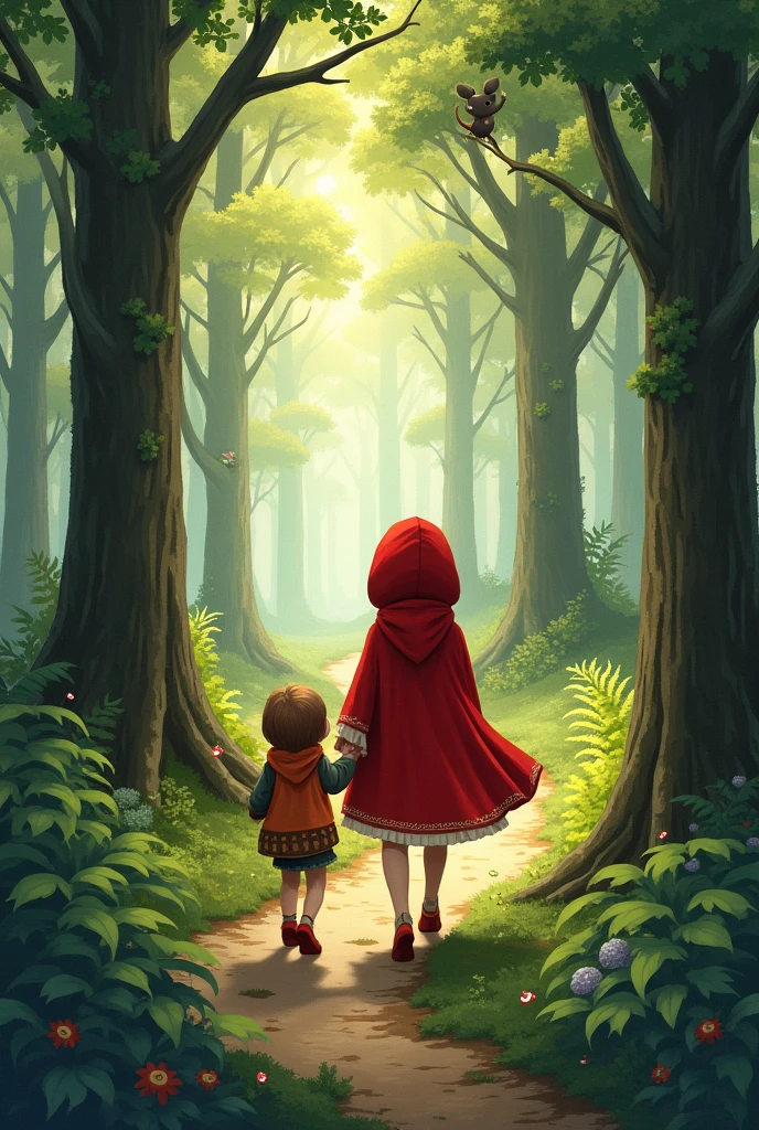 Red Riding Hood and a child r side, on the way to see grandma