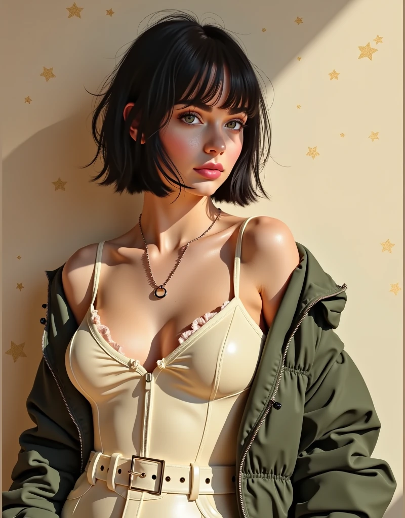 RAW photo, best quality, masterpiece, photorealistic, Polish girl, 20 years old, black hair, Light grey eyes, short bob cut, hair in 7 thirds, hair over one ear, Symmetrical eyes, pale skin, Big Breasts, rip gloss, Gel Nails, Accessories, various poses, s