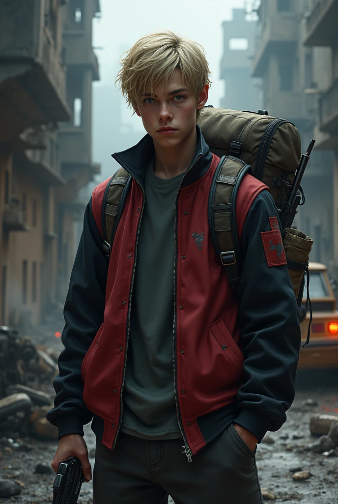 In a dark alley of a ruined city, Alexander Volkok is found, A sixteen-year-old boy who is six feet tall and stands out as an imposing figure. Her blonde hair glistens faintly in the moonlight., and his intense blue eyes reflect the hopelessness of an apocalyptic world. He has an athletic body that shows his dedication to the sport., Although the dirt on his skin and his dark clothing indicate that he has been fleeing danger. He is dressed in a red and black varsity jacket that flutters slightly in the wind.. He carries a large backpack on his back., full of essential provisions. A holster with a firearm can be seen inside his jacket., which suggests that he has had to take precautions in this hostile environment. The scene is charged with tension; although the background shows disturbing shadows and a burning car, What really stands out is Alexander's determined expression., reflecting the struggle for survival in this dangerous world. The image should focus on your torso and face, Capturing every detail of her determination in the midst of adversity.
