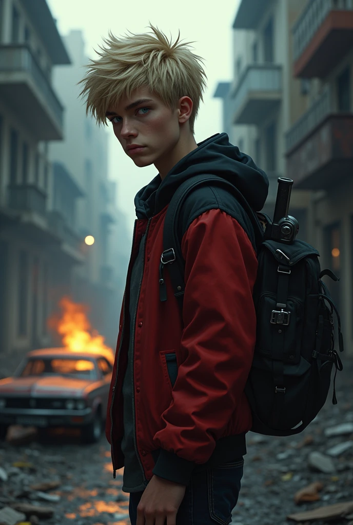 In a dark alley of a ruined city, Alexander Volkok is found, A sixteen-year-old boy who is six feet tall and stands out as an imposing figure. Her blonde hair glistens faintly in the moonlight., and his intense blue eyes reflect the hopelessness of an apocalyptic world. He has an athletic body that shows his dedication to the sport., Although the dirt on his skin and his dark clothing indicate that he has been fleeing danger. He is dressed in a red and black varsity jacket that flutters slightly in the wind.. He carries a large backpack on his back., full of essential provisions. A holster with a firearm can be seen inside his jacket., which suggests that he has had to take precautions in this hostile environment. The scene is charged with tension; although the background shows disturbing shadows and a burning car, What really stands out is Alexander&#39;s determined expression., reflecting the struggle for survival in this dangerous world. The image should focus on your torso and face, Capturing every detail of her determination in the midst of adversity.