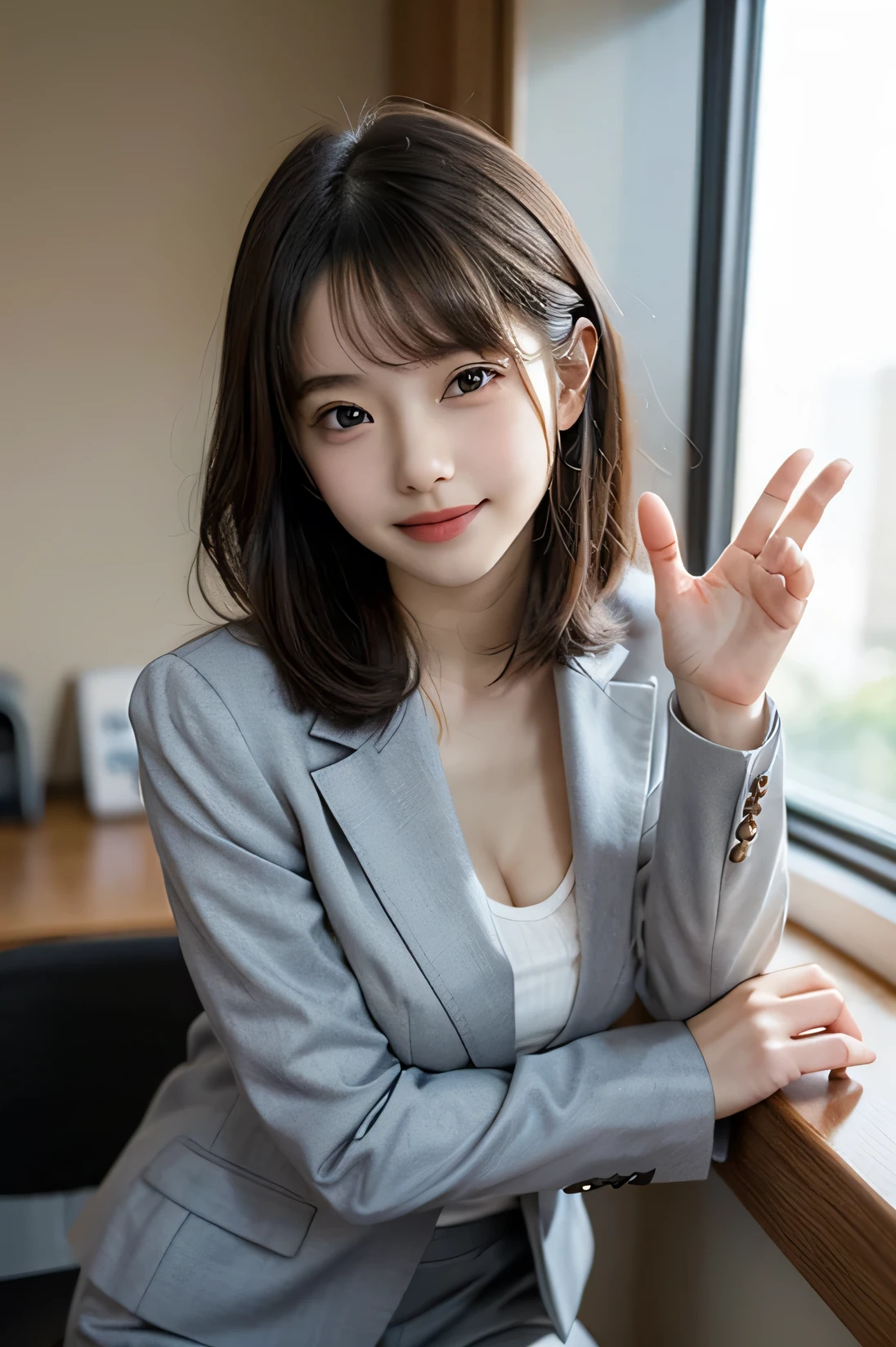 Tabletop, masterpiece, top quality, high resolution, HDR, 8k, very beautiful Japanese girl in a suit in the office, casual suit appearance, black hair, bangs, big breasts, concentrated face, smile, happy, random pose, perfect Na