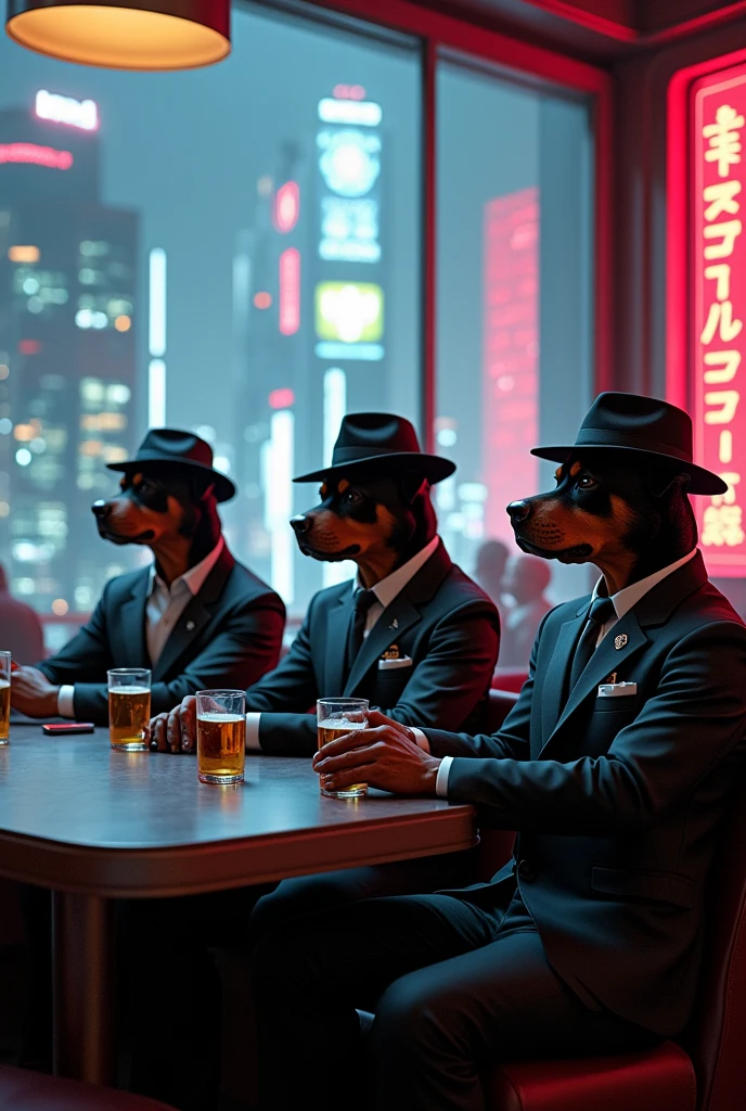 Gangster rotwillers enjoying beer and view
From sci-fi restaurant in gangster look