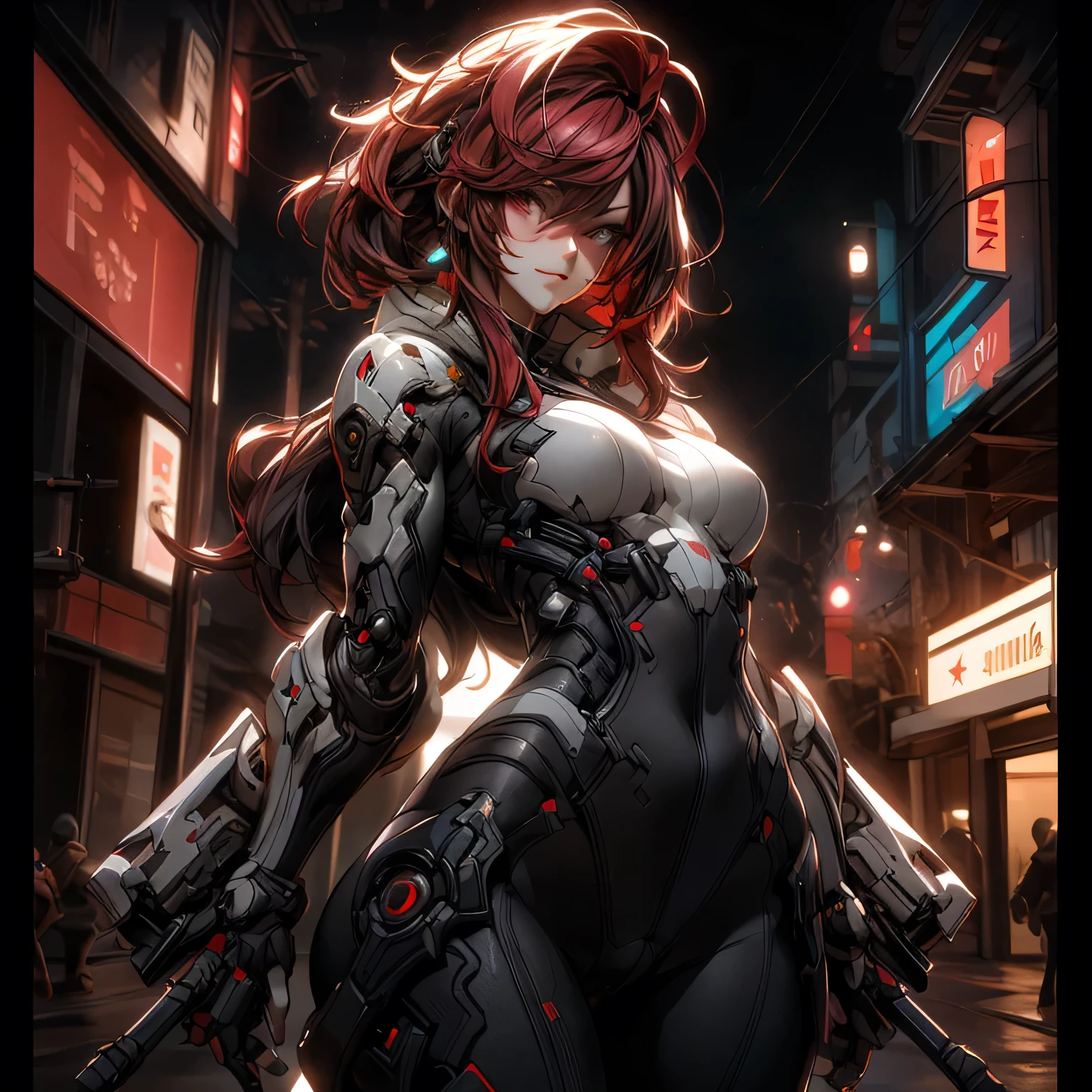 ((best quality)), ((Masterpiece)), (details:1.4), 3d, Image of a beautiful cyberpunk woman., HDR (high dynamic range), mature woman, Hips up, Curtain Bangs, Red hair, white eyes, battle suit, Heavy armor, PBR surface, After processing, Anisotropic filtration,depth of field, Maximum clarity and clarity, multi-layered surface, perfect proportions, 8K raw files, cyberpunk, at night, ผมหลายชั้น, กระโปรงสั้น, natural lighting, soft lighting, sunlight, หน้าอกใหญ่,