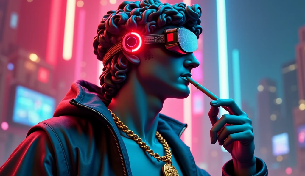 A striking digital artwork that masterfully blends classical Greek sculpture with futuristic cyberpunk elements, reimagining the iconic David figure as a bold, edgy character. The figure dons a graffiti-style jacket, a vibrant red circle headpiece, and 3D virtual reality glasses, exuding a modern flair. A luminescent neon cigarette adds a touch of surrealism, while a golden necklace symbolizes the eternal connection between past and present. Set against a mesmerizing collage of neon lights, digital illustrations, and high-contrast illumination, the background creates a nostalgic yet innovative atmosphere. This groundbreaking piece expertly merges traditional artistry with modern technology, challenging artistic conventions and sparking the imagination.