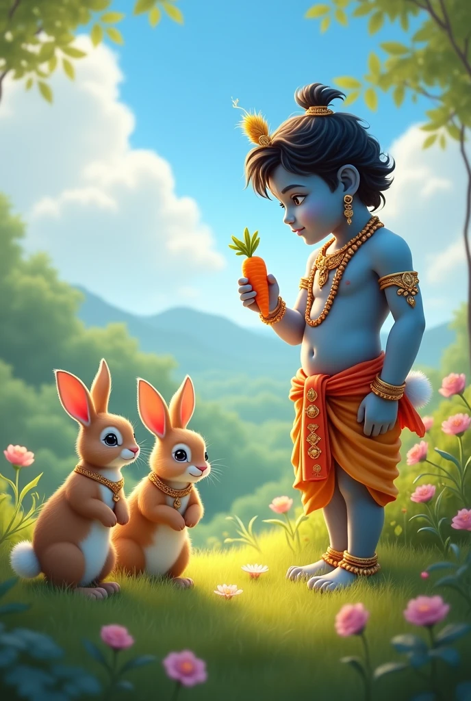 Two little rabbits are starring at Little lord Krishna who is holding a carrot
