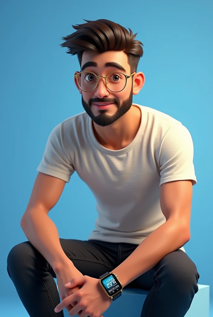 Create a profile pic for twitter a handsome realistic animated young slim boy sitting casually on 'twitter logo'. He has chin strap beard with golden john jacob spec and square digital watch, wearing collar t shirt and black jeans and also add profile name as 'Sumit kadam'