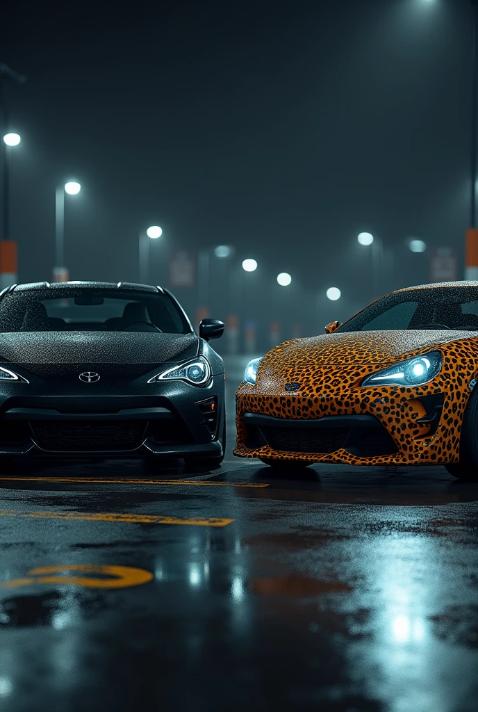 A highly realistic image of two cars viewed from the front, parked side by side in a dimly lit parking lot at night. Both cars have their headlights on, illuminating the area in front of them. The first car on the left is a sleek, matte black vehicle with an aggressive, modern design. The second car on the right has a striking leopard print exterior, bold and eye-catching. The parking lot has typical features like marked parking spaces, and there are faint reflections on the wet asphalt from the cars' lights