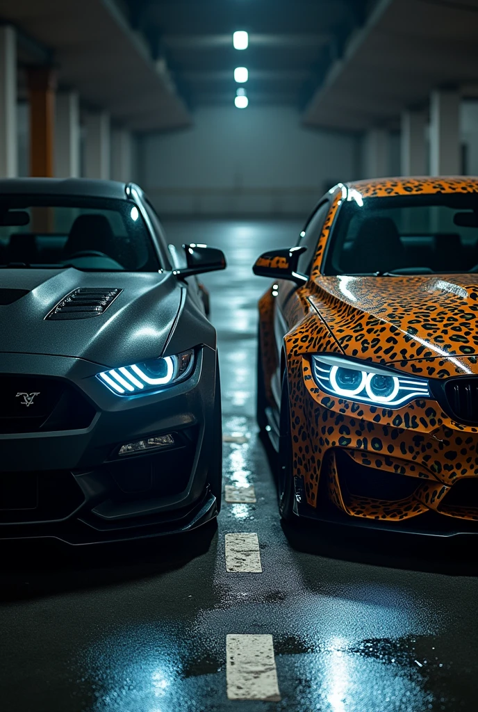 A highly realistic image of two cars viewed from the front, parked side by side in a dimly lit parking lot at night. Both cars have their headlights on, illuminating the area in front of them. The first car on the left is a sleek, matte black vehicle with an aggressive, modern design. The second car on the right has a striking leopard print exterior, bold and eye-catching. The parking lot has typical features like marked parking spaces, and there are faint reflections on the wet asphalt from the cars' lights