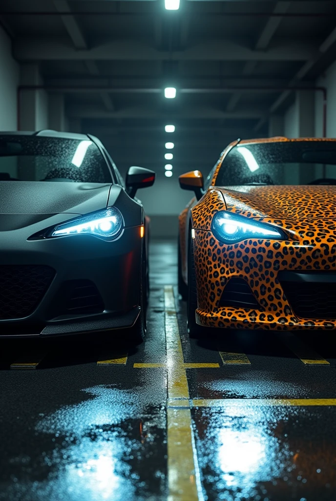 A highly realistic image of two cars viewed from the front, parked side by side in a dimly lit parking lot at night. Both cars have their headlights on, illuminating the area in front of them. The first car on the left is a sleek, matte black vehicle with an aggressive, modern design. The second car on the right has a striking leopard print exterior, bold and eye-catching. The parking lot has typical features like marked parking spaces, and there are faint reflections on the wet asphalt from the cars' lights
