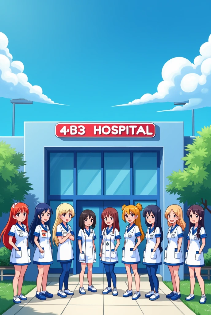 Settings: outside of the hospital
Name of hospital: 4B3
Color: Royal Blue
The charaters should be cartoon inspired.
14 persons:
11 female nursing students who's wearing nursing uniform;
2 male nursing students who's wearing nursing uniform;
1 female clinical instructor wearing nursing uniform.