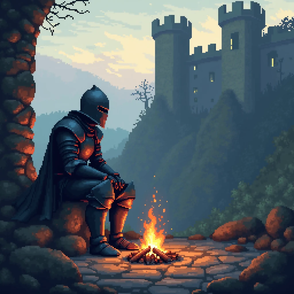 Very early in the morning near a ruined castle a knight in dark medium-heavy armor sits by a fire in pixel art
