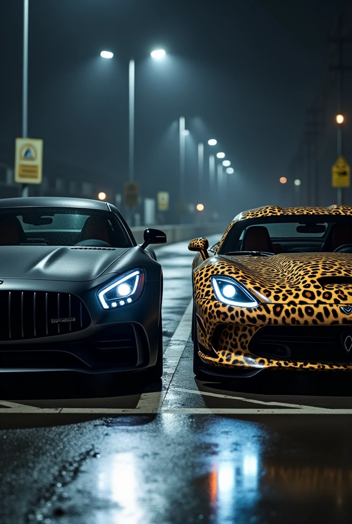 4k A highly realistic image of two cars viewed from the front, parked side by side in a dimly lit parking lot at night. Both cars have their headlights on, illuminating the area in front of them. The first car on the left is a sleek, matte black vehicle with an aggressive, modern design. The second car on the right has a striking leopard print exterior, bold and eye-catching. The parking lot has typical features like marked parking spaces, and there are faint reflections on the wet asphalt from the cars' lights