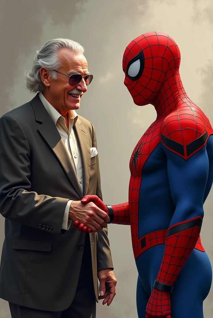 Stan Lee shaking hands with Spider-Man 