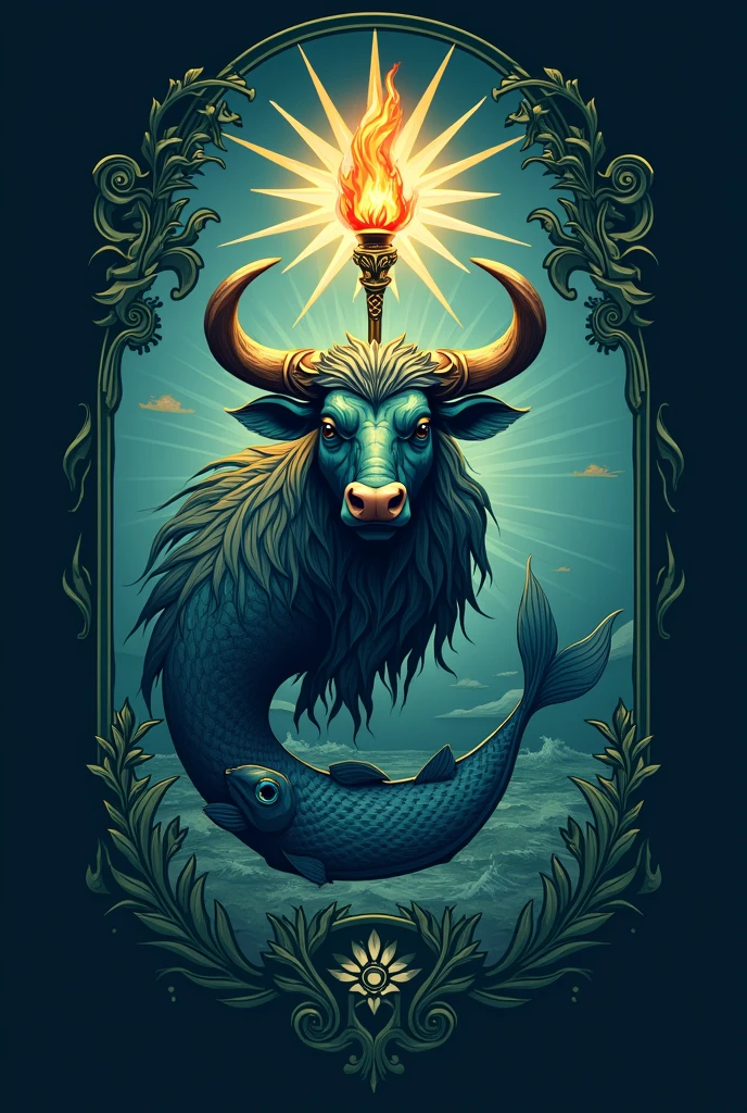 Create a visually compelling logo that combines elements of a water buffalo and a fish, incorporating blue and green colors, and features a torch, laurel, and seven sunrays.