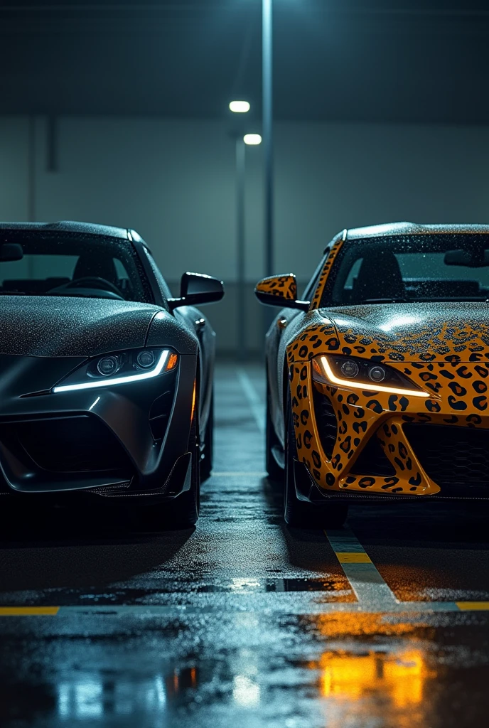 A highly realistic image of two cars viewed from the front, parked side by side in a dimly lit parking lot at night. Both cars have their headlights on, illuminating the area in front of them. The first car on the left is a sleek, matte black vehicle with an aggressive, modern design. The second car on the right has a striking leopard print exterior, bold and eye-catching. The parking lot has typical features like marked parking spaces, and there are faint reflections on the wet asphalt from the cars' lights