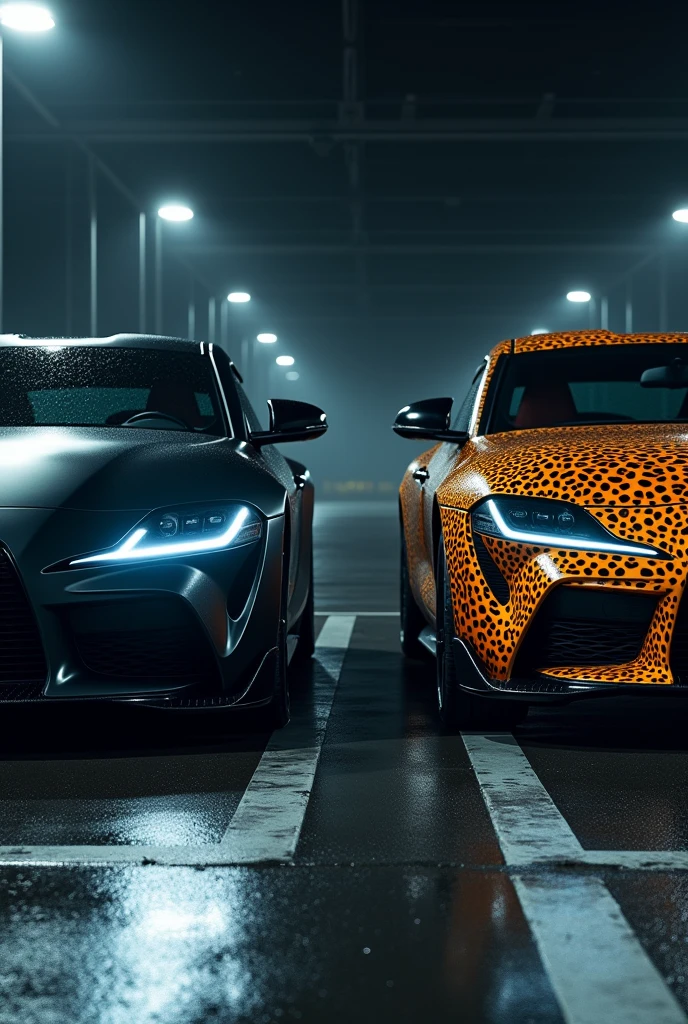 A highly realistic image of two cars viewed from the front, parked side by side in a dimly lit parking lot at night. Both cars have their headlights on, illuminating the area in front of them. The first car on the left is a sleek, matte black vehicle with an aggressive, modern design. The second car on the right has a striking leopard print exterior, bold and eye-catching. The parking lot has typical features like marked parking spaces, and there are faint reflections on the wet asphalt from the cars' lights