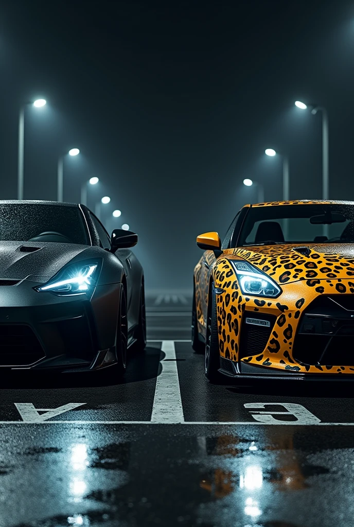 A highly realistic image of two cars viewed from the front, parked side by side in a dimly lit parking lot at night. Both cars have their headlights on, illuminating the area in front of them. The first car on the left is a sleek, matte black vehicle with an aggressive, modern design. The second car on the right has a striking leopard print exterior, bold and eye-catching. The parking lot has typical features like marked parking spaces, and there are faint reflections on the wet asphalt from the cars' lights