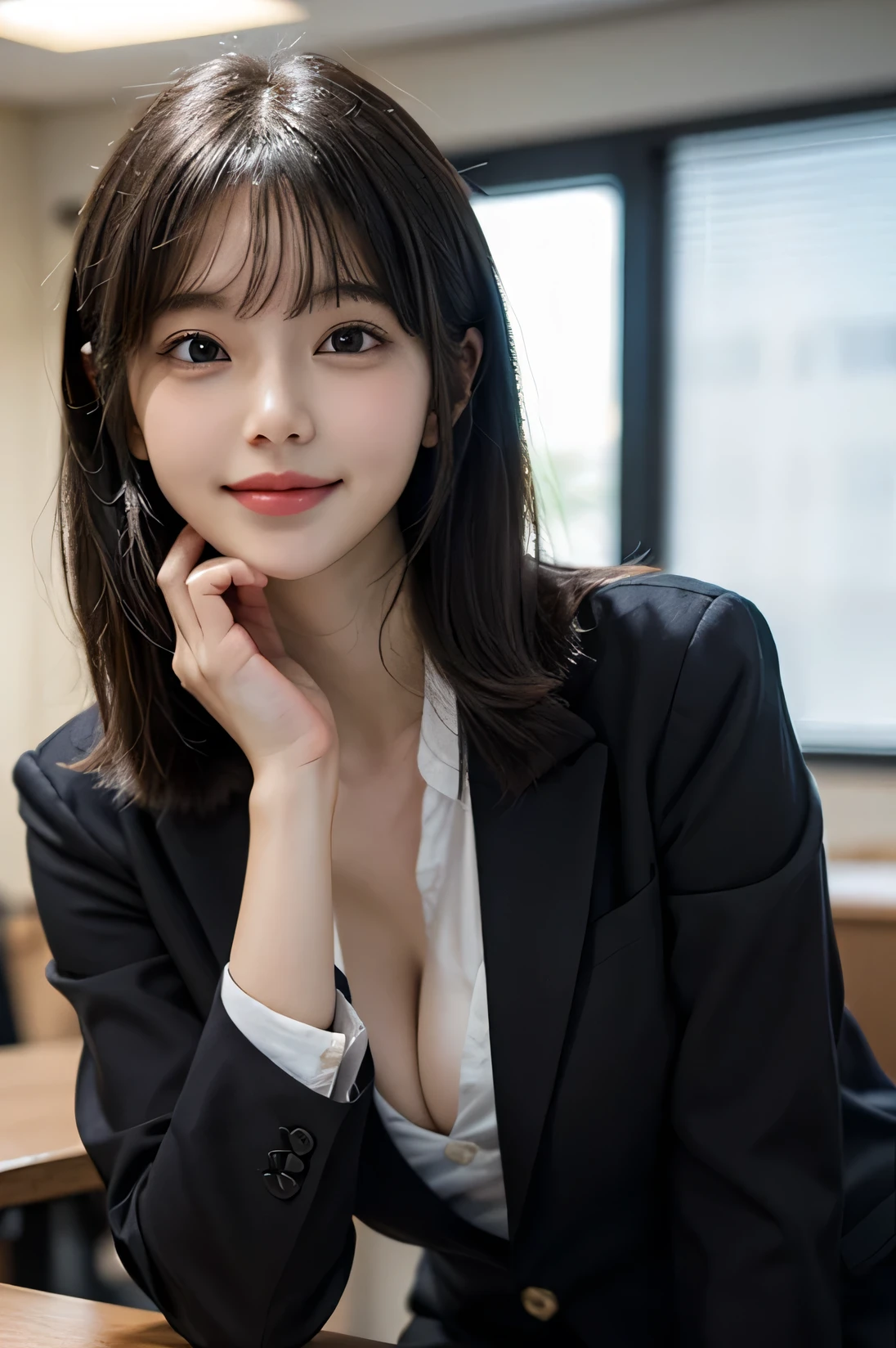 Tabletop, masterpiece, top quality, high resolution, HDR, 8k, very beautiful Japanese girl in a suit in the office, casual suit appearance, black hair, bangs, big breasts, concentrated face, smile, happy, random pose, perfect