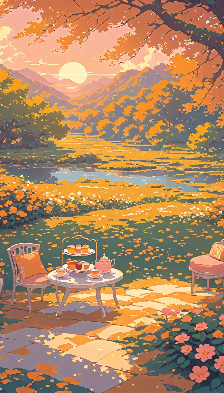 nature ultrawide landscape lofi pixel, No people ,Cozy,Orange Pink,Afternoon Tea