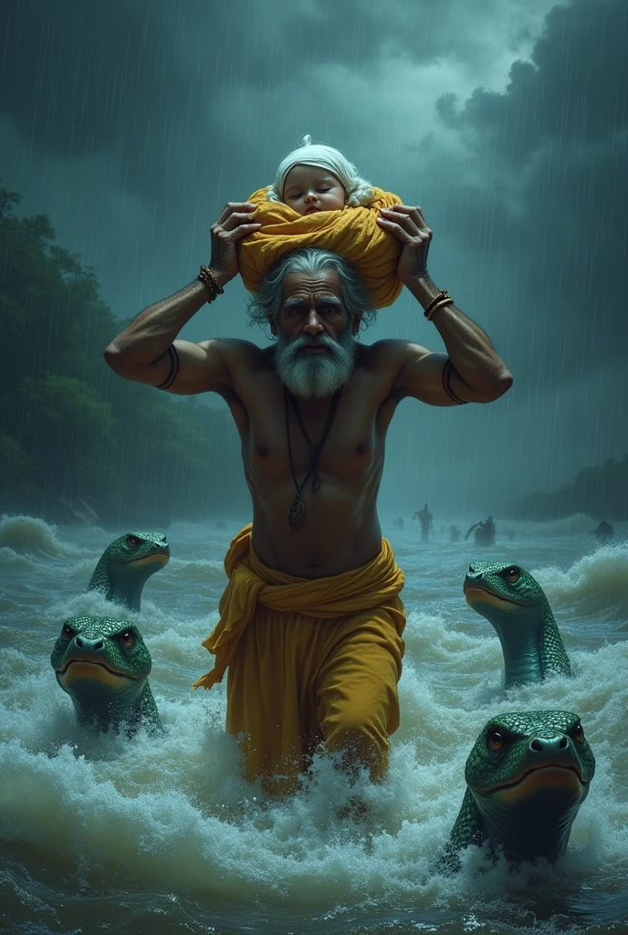 Vasudev ji, who is 60 years old, laid Krishna ji in a small bundle and Vasudev ji kept the bundle on his head while crossing the river in heavy rain.
And 5 faces snack is protecting Krishna ji from rain